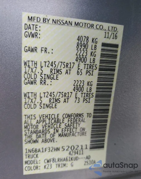 2017 Nissan Titan Xd S from USA, damaged, VIN 1N6BA1F32HN520211